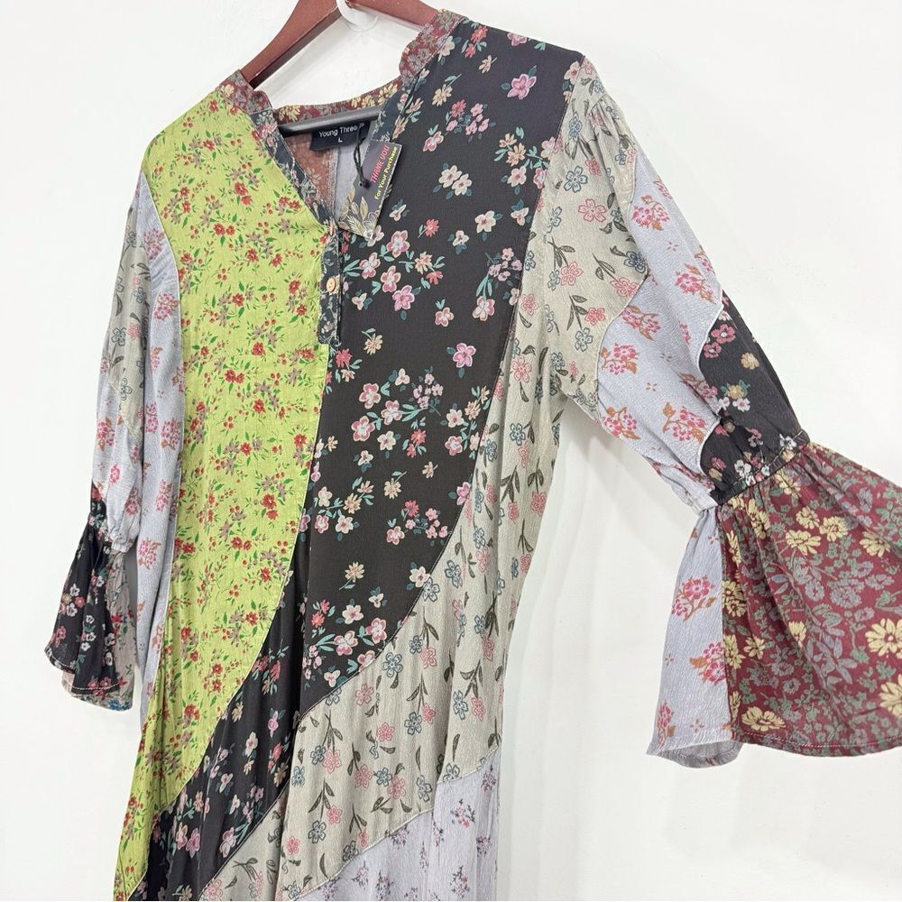 Young Threads Earth Tone Complimentary Asymetrical Floral Patchwork Ruffle Dress - Picture 4 of 16